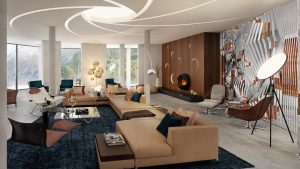 Der Raum"La Viv" mit Sofalandschaft und variablen Elementen, um es auch als Restaurant nutzen zu können.