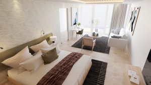 Master Bedroom des Zoya Retreats mit Doppelbett und Erdtönen.