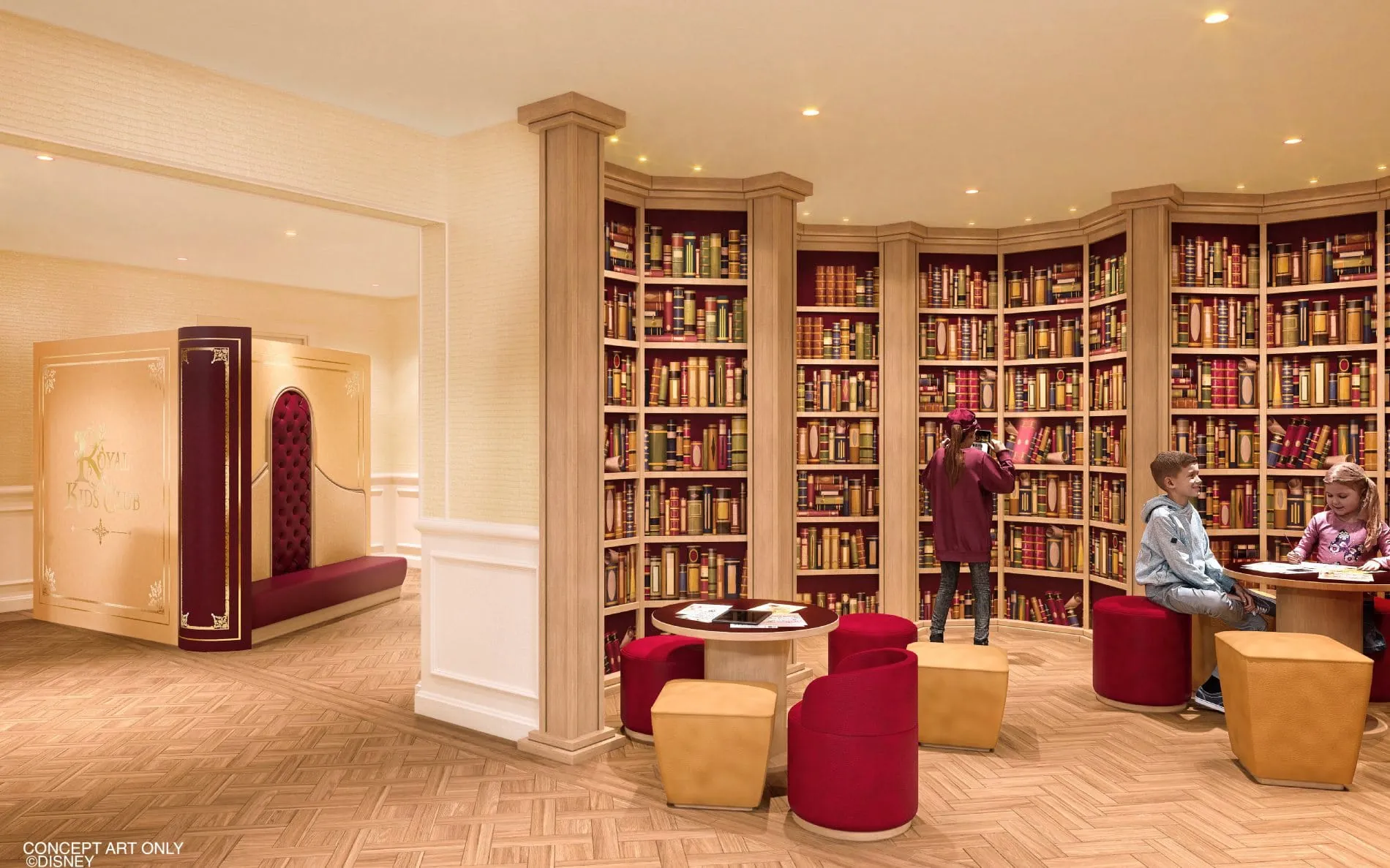 Bibliothek mit Sitzgelegenheiten und Tischen für Kinder im Disneyland Hotel