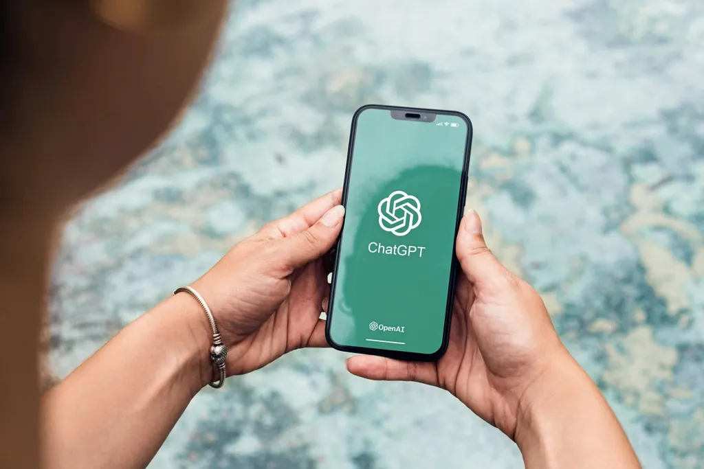 Frau, die ein Handy in der Handy hält mit der App Chat GPT