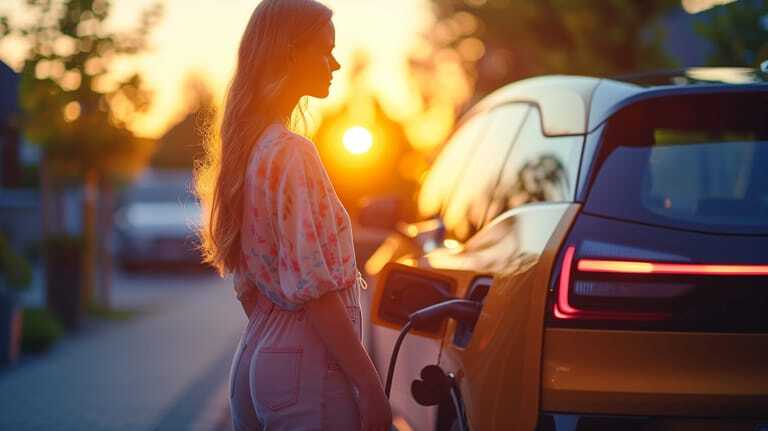 woman charging electric ev car at sunset