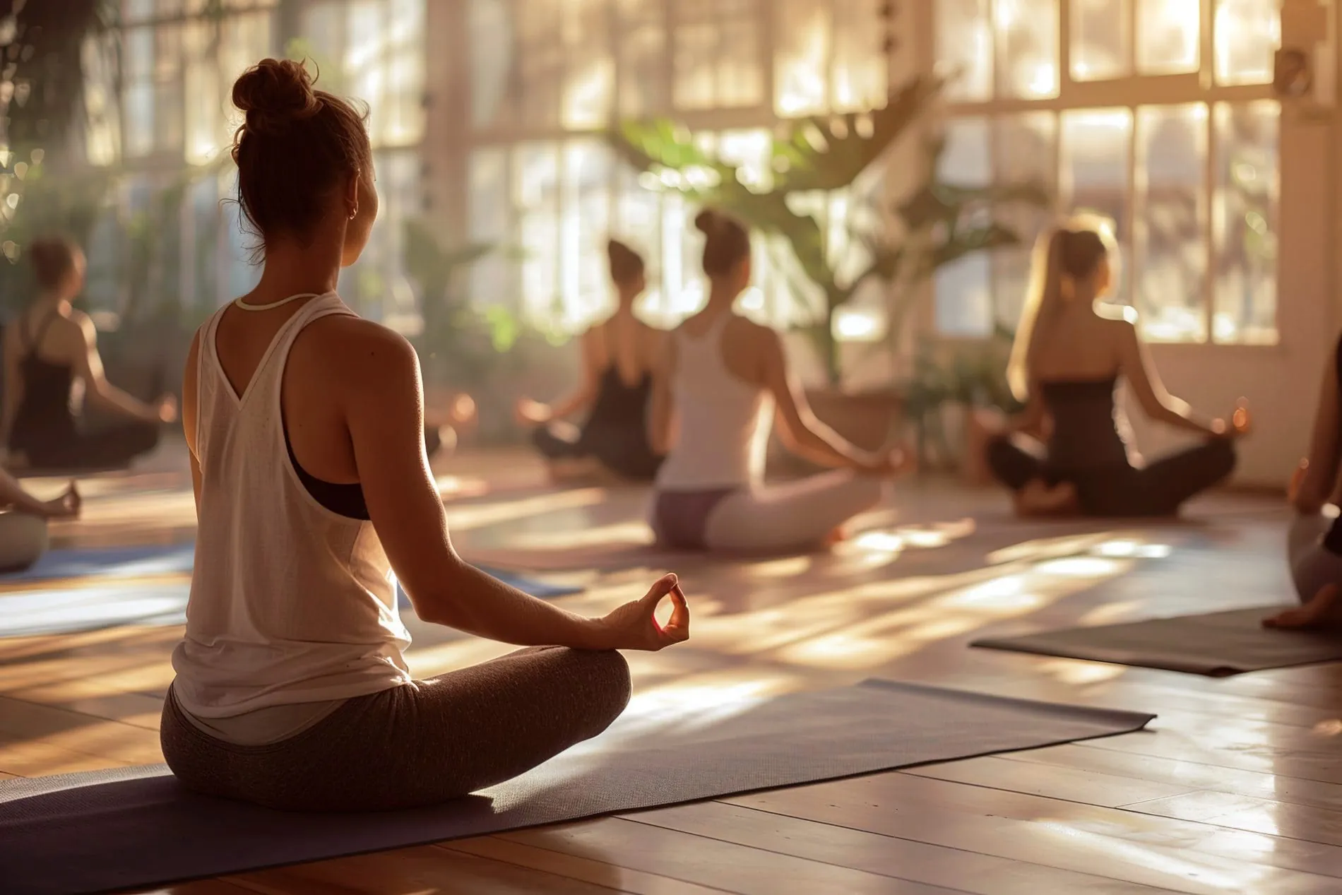 Longevity, Frauen die in einem Studio Yoga machen.
