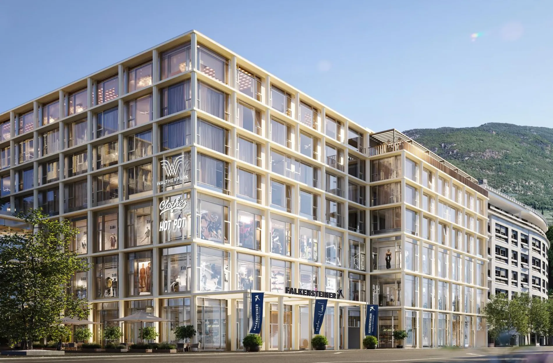 Außenansicht des Falkensteiner Hotels Bozen WaltherPark im neu entwickelten Stadtquartier.