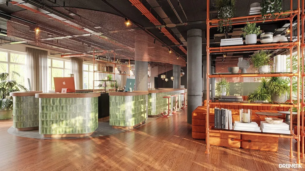 Flexibles Raumkonzept mit klarer Zonierung und viel Atmosphäre. Die Lounge-Bar verbindet Arbeit, Kultur und Community unter einem Dach.