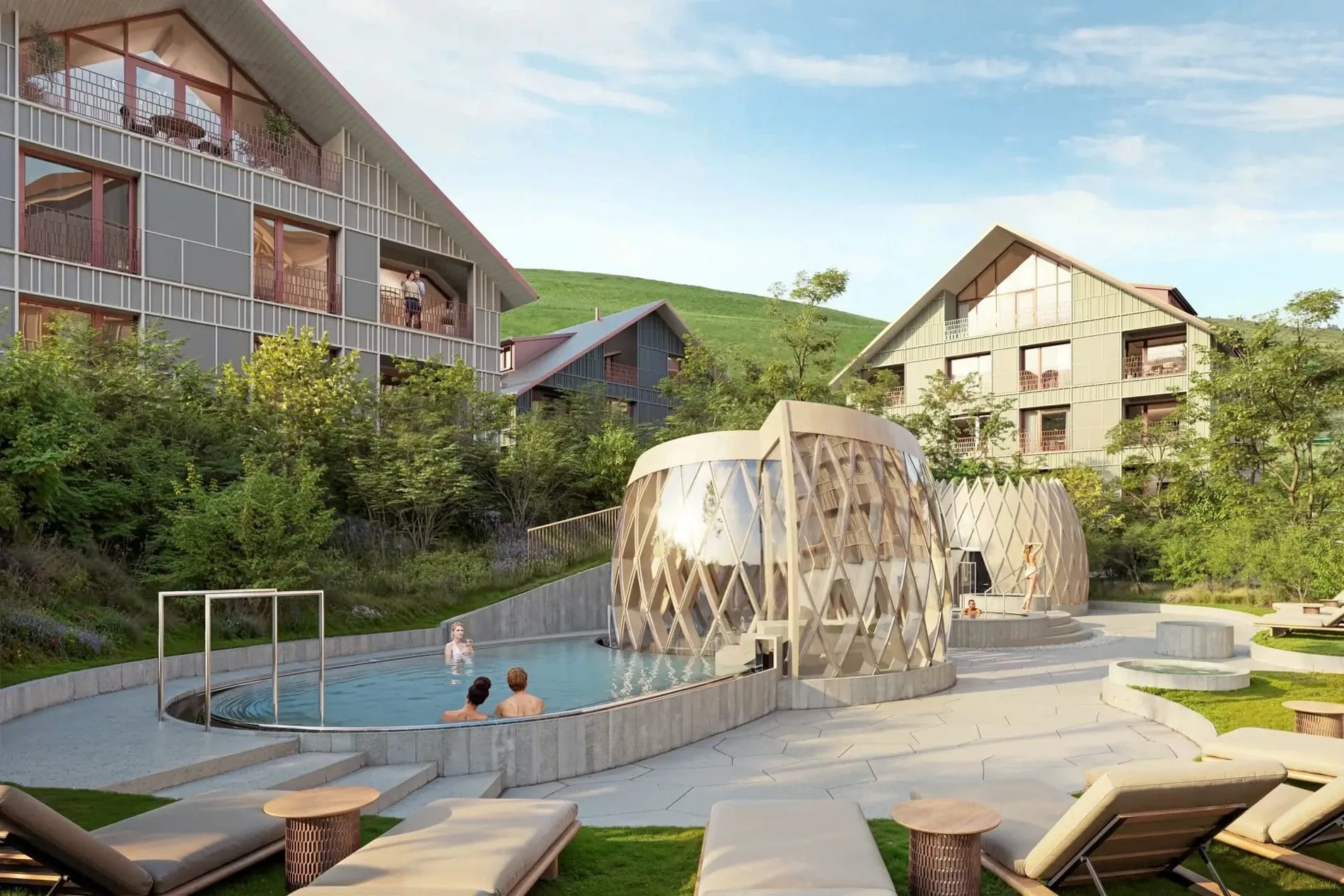 Das neue Hotel Huus Quell im Schweizer Gonten, hier ein Rendering, setzt auf einen naturnahen Wellnessgarten.