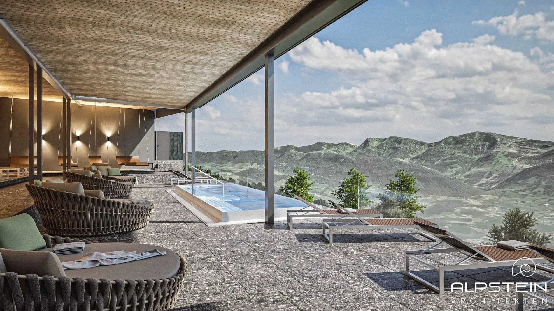Visualisierung des neuen Outdoor-Whirlpools im Hotel Bergkristall in Oberstaufen mit Panoramablick.