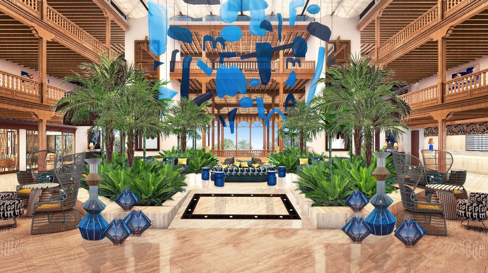 In der neugestalteten Lobby hängen kobaltblaue Kunstwerke von der Decke.