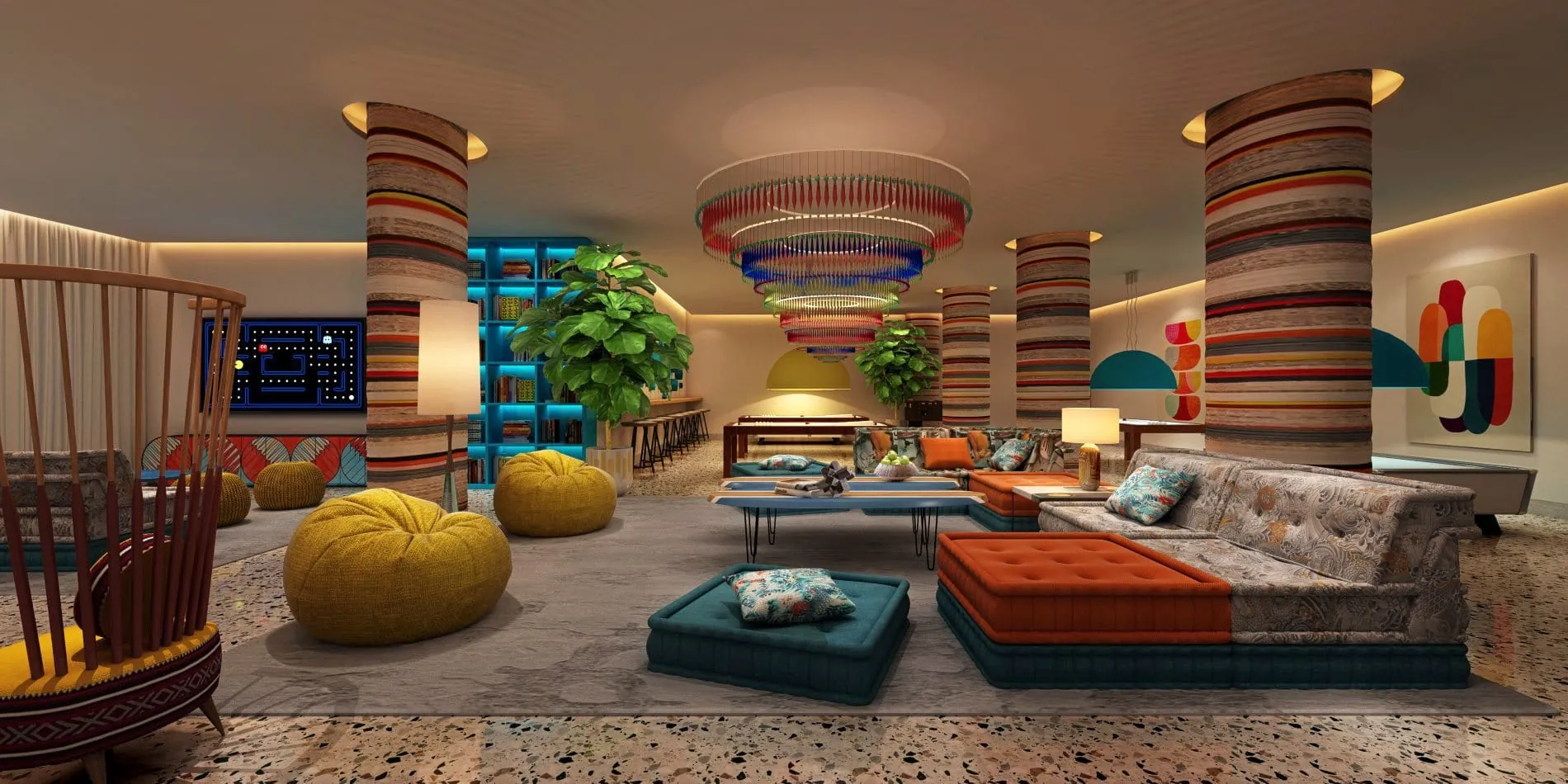 Die farbenfrohen Akzente ziehen sich auch durch die öffentlichen Bereiche.