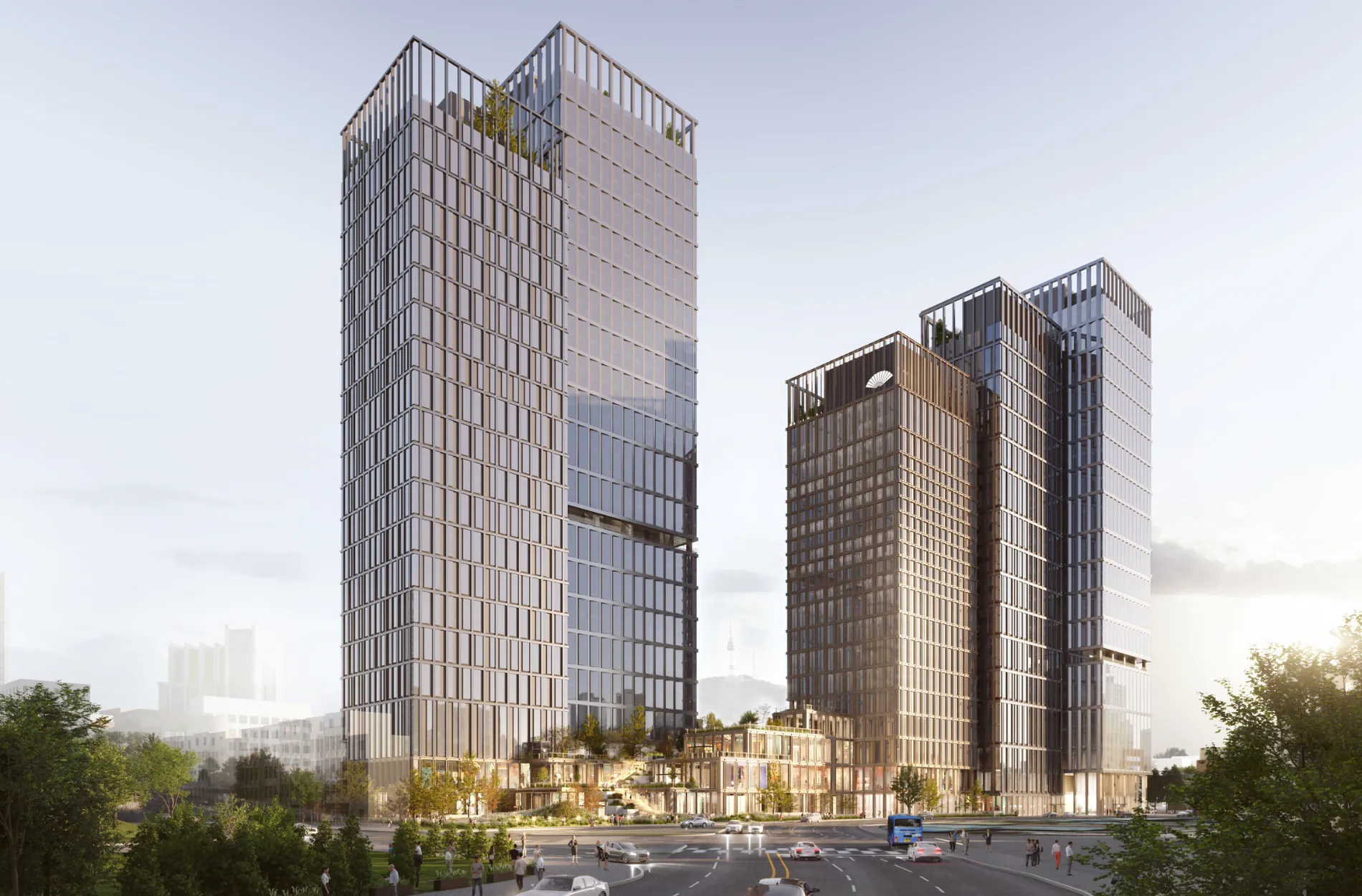 Rendering des künftigen Mandarin Oriental in Seoul (Bildmitte). Der Standort ist zugleich Teil des Entwicklungsprojekts des nördlichen Bahnhofsgeländes.