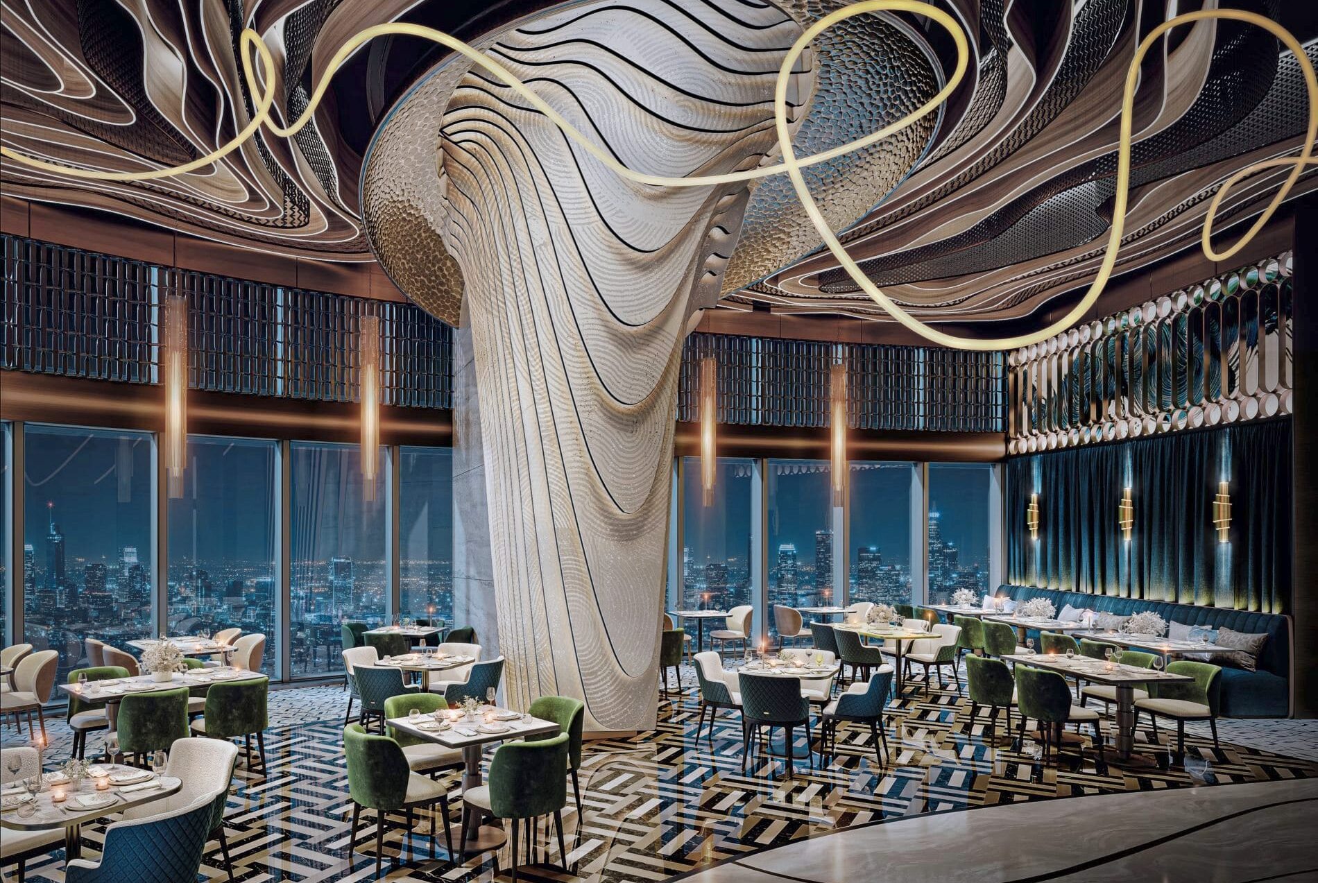 Blickfang: Die Deckengestaltung im Restaurant "West 13". Insgesamt sollen Gäste zwischen acht Gastronomiekonzepten wählen können.