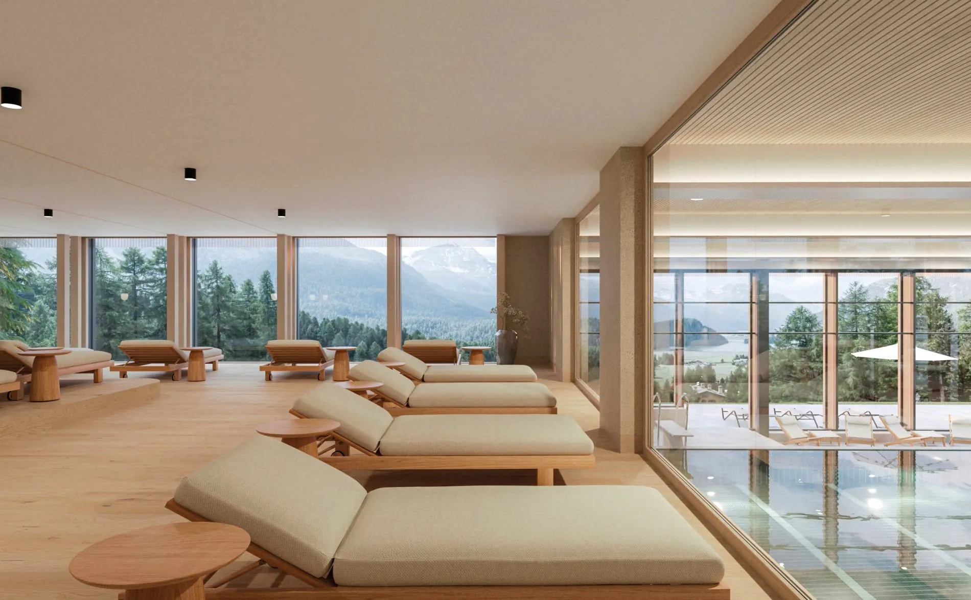 Ruhebereich mit Ausblick auf die Berge im neuen Spa-Bereich des Suvretta House.