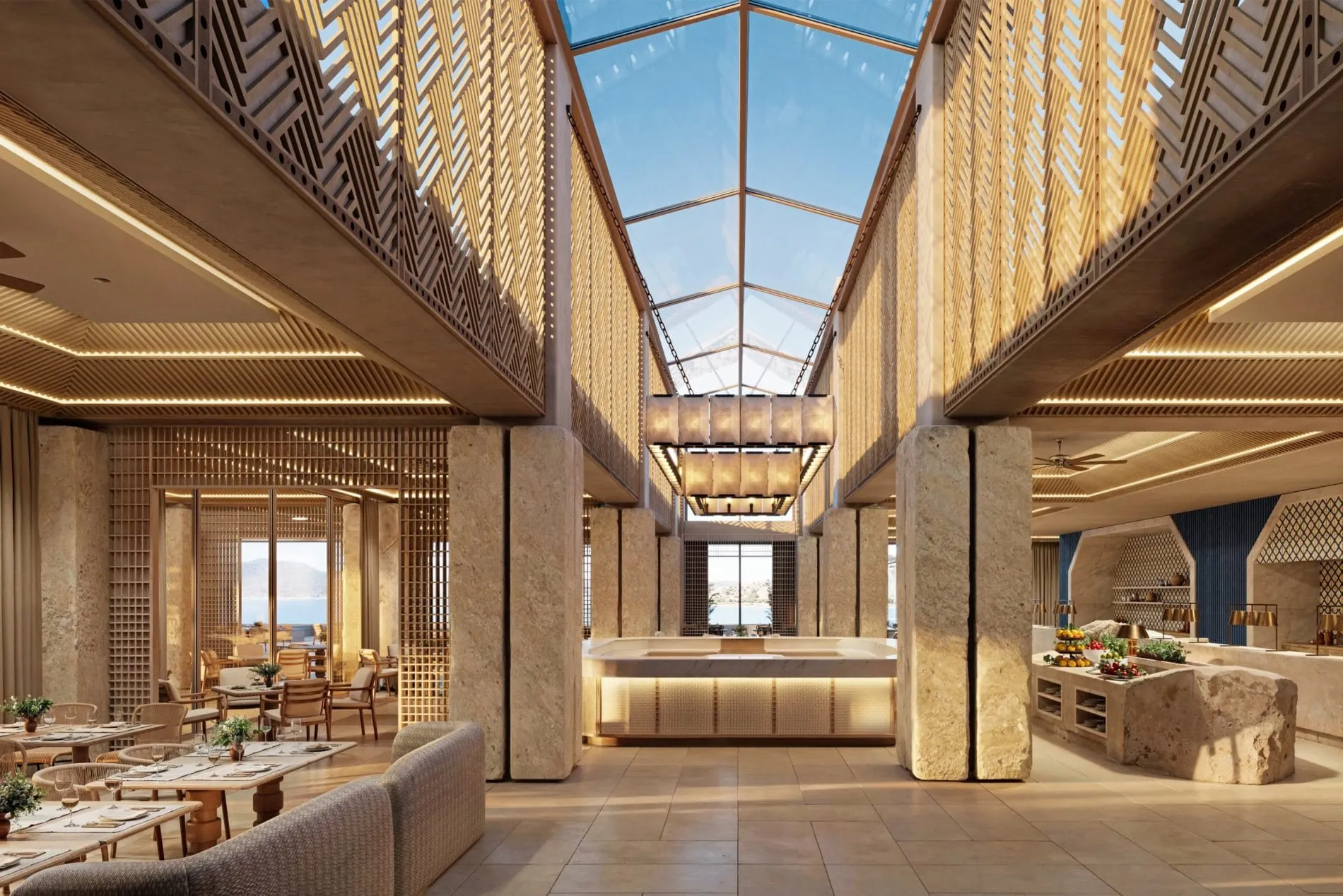 Das Interior des Amoh, a Luxury Collection Resort, Rhodes ist eine Hommage an die Steinmetzkunst von Rhodos. Das Design kombiniert lokalen Kalkstein mit feinen Leinen und erdigen Tönen. Die Eröffnung ist für das zweite Quartal 2026 geplant.