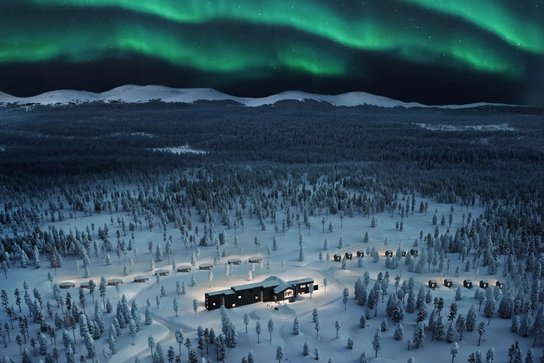 Die Luftaufnahme zeigt das Arcora Boutique Hotel & Villas in seiner Lage am Rand des Pallas–Yllästunturi-Nationalparks.