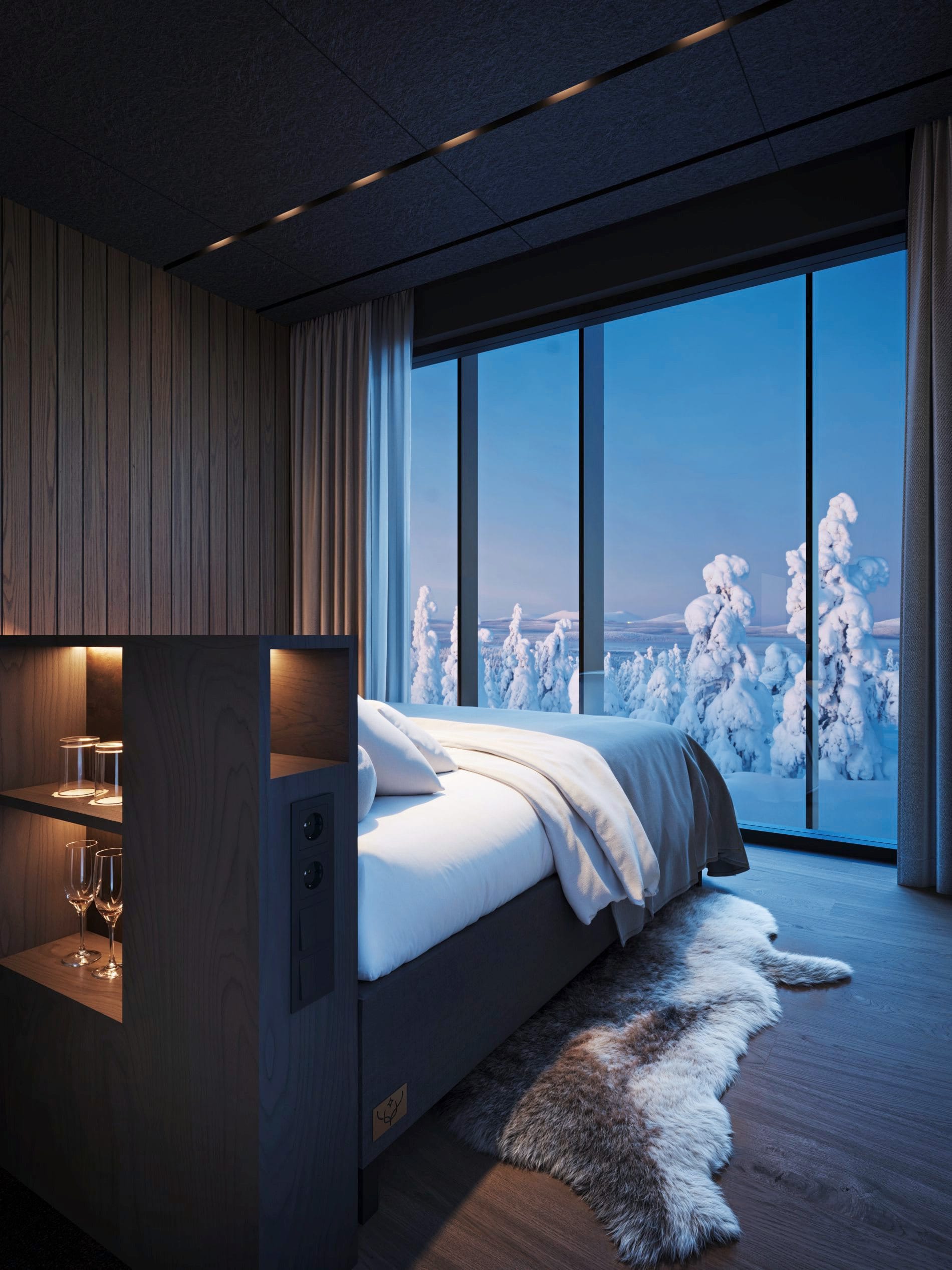 Das Arcora Boutique Hotel verfügt über 42 Boutique-Suiten sowie 20 Sky- und Deluxe-Villen, darunter die Junior Suite Kalle. Die Suiten kombinieren gemütliches Interieur mit Panoramablick auf die arktische Natur.