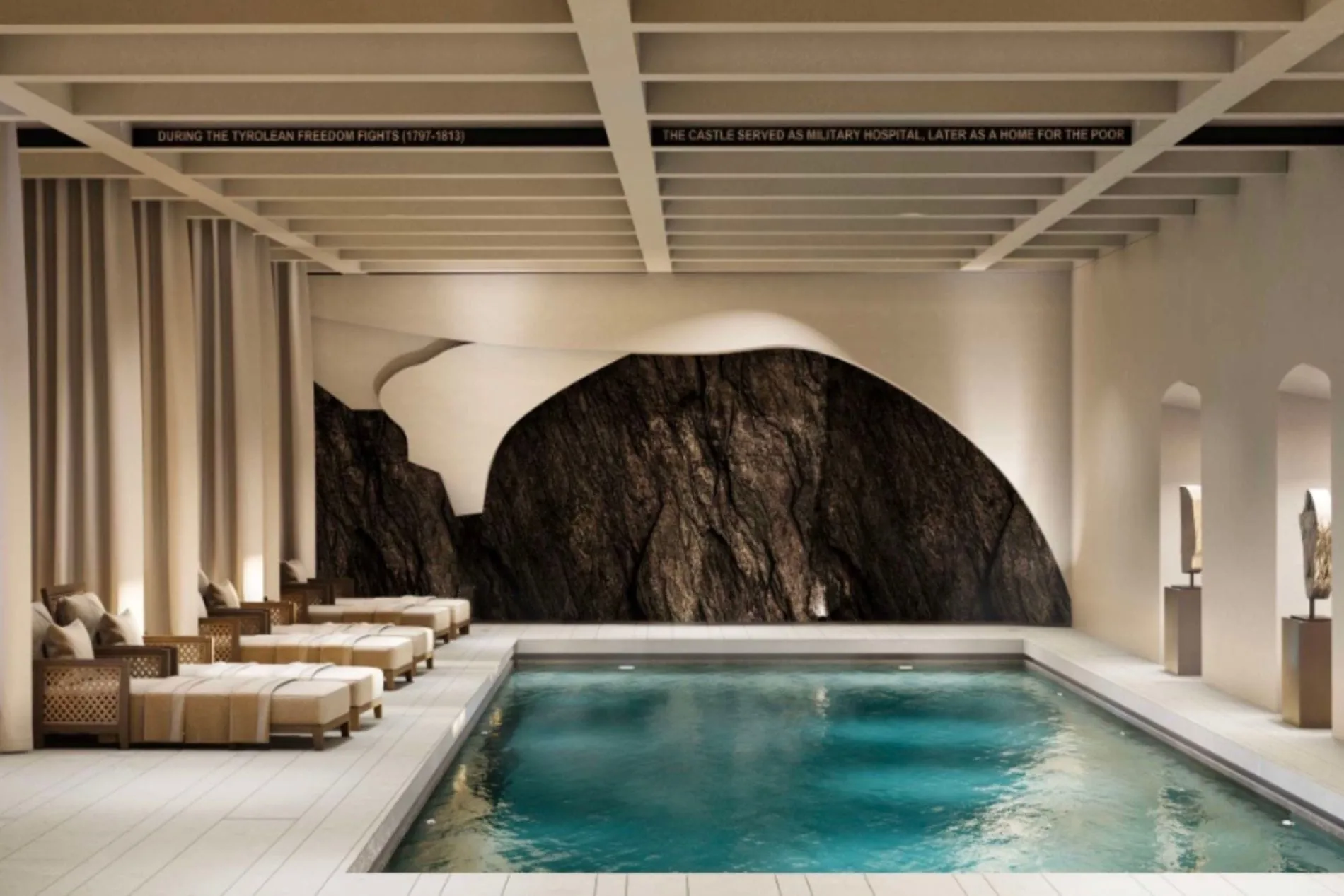 Das Spa, eingebettet in die jahrhundertealten Steinmauern des Schlosses, greift auf das jahrhundertealte Wissen über Heilkräuter und die regenerierende Kraft der Berge zurück.