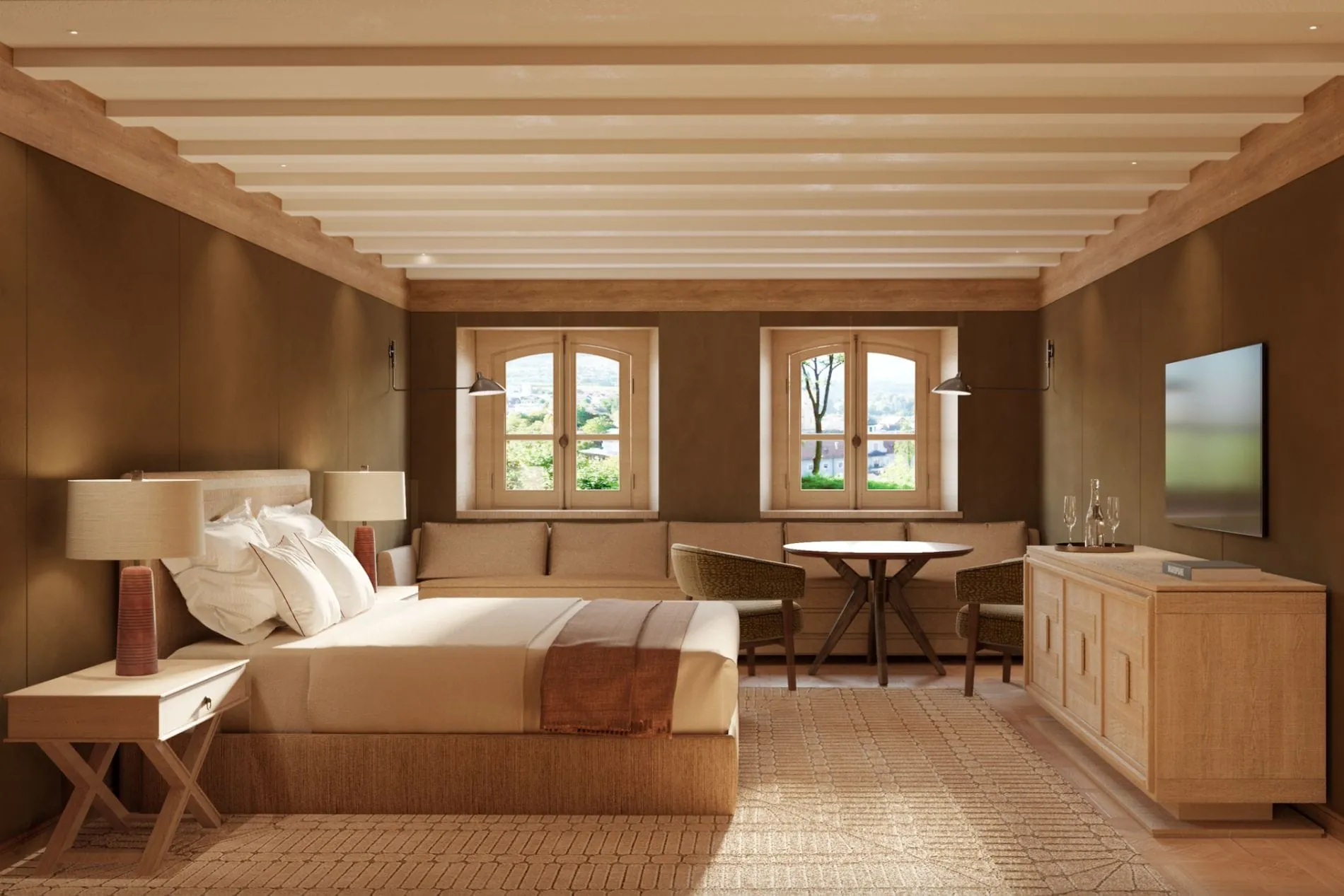 Das Zimmer Splendida bieten Blick ins Tal oder in den Schlosshof. Warme Holzelemente, neutrale Farben und ein zeitgemäßes Design schaffen eine Atmosphäre, in der man sich sofort zuhause fühlt.