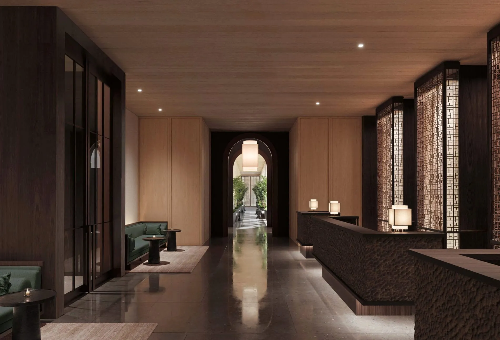 Blick ins Foyer: Die Architekten verzichteten in der Eingangshalle auf Fenster, um die Gäste in einen Kokon eintauchen zu lassen.