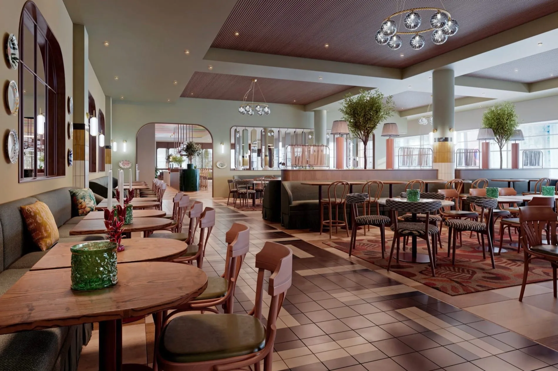 Im Restaurant des Scandic Charlottenburg gehen Lobby, Bar und Speisebereich fließend ineinander über.