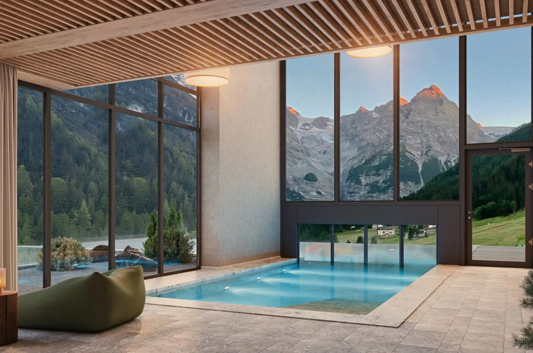 Raumhohe Glasfronten öffnen im Wellnessbereich den Blick auf die Berglandschaft.