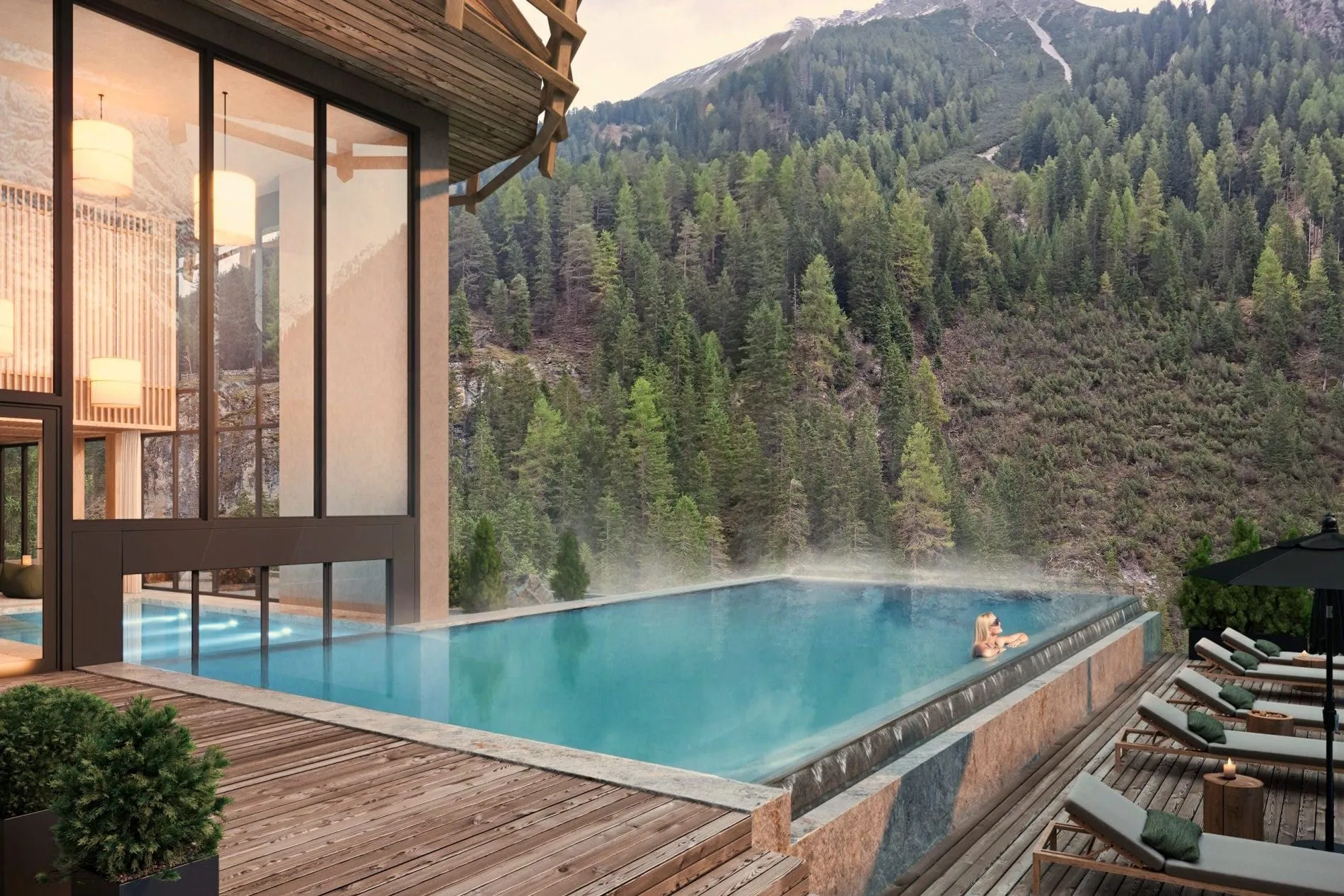 Der ganzjährig beheizte Infinity-Pool im Adults-only-Spa erstreckt sich über dem Trafoi-Canyon.