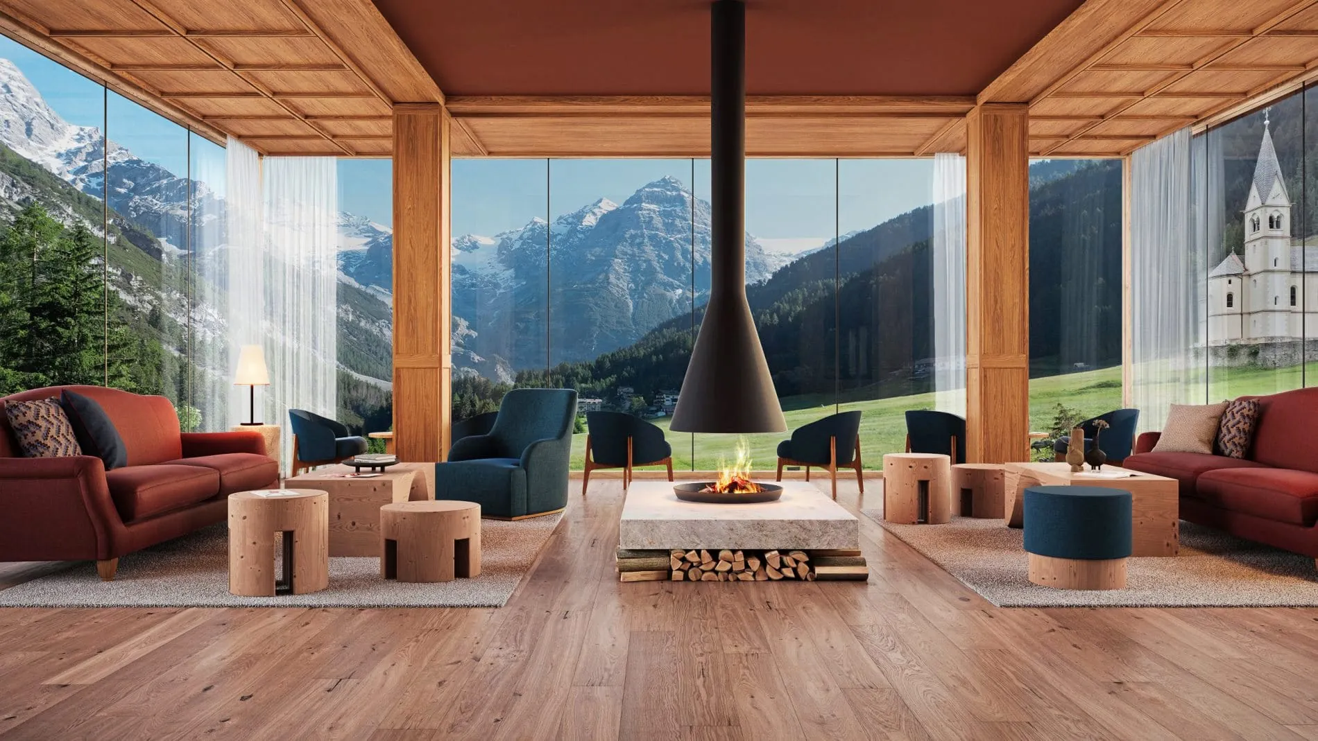 In der neuen Lounge sorgt ein offener Hängekamin für Wärme, während raumhohe Glasfronten den Blick auf die Ortler-Gruppe freigeben. Warme Holztöne und erdige Polsterfarben schaffen eine ruhige Atmosphäre.