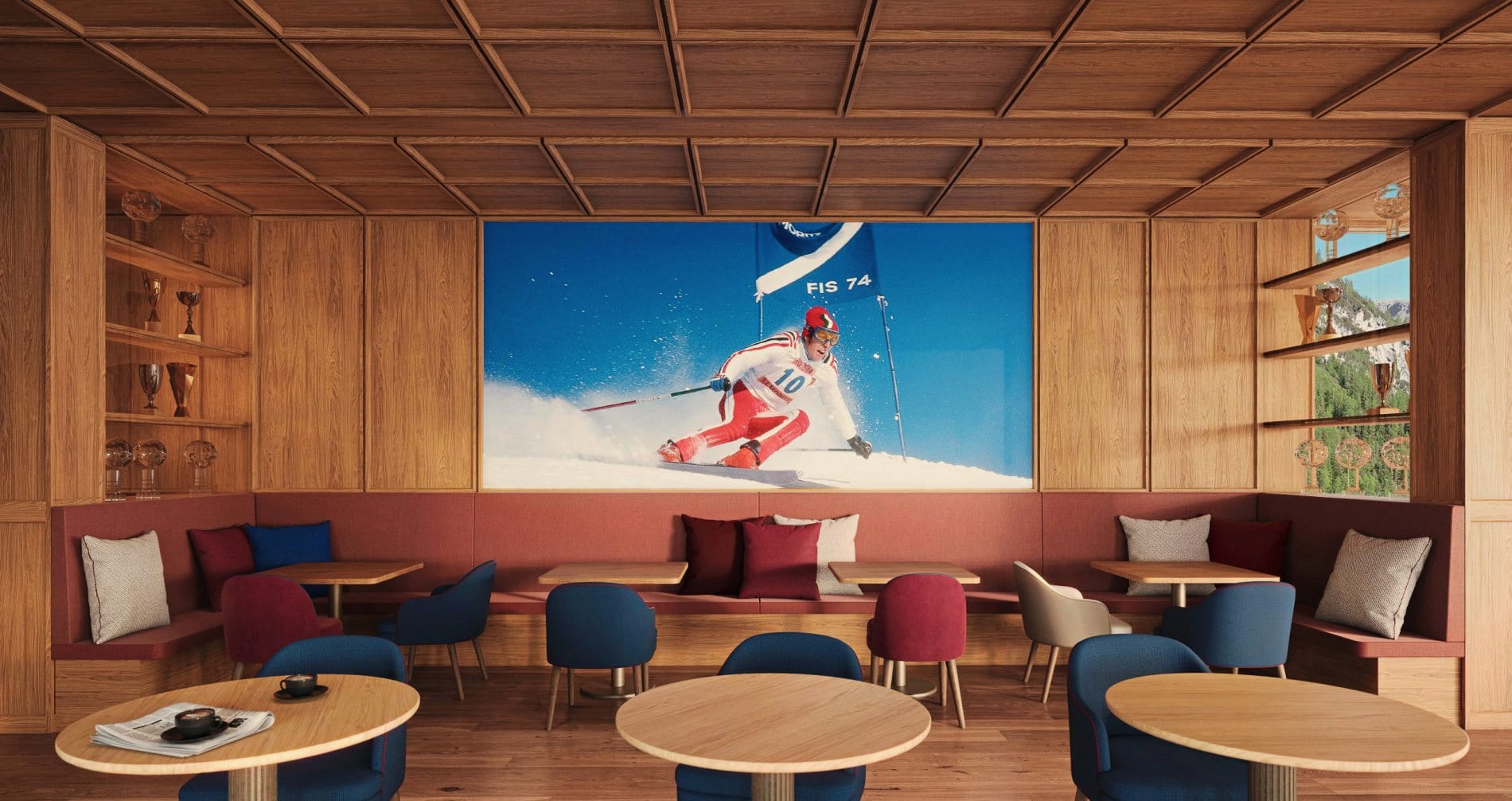 Die Loungebar „Home of Gold" erinnert mit einem großformatigen Foto und Trophäen an Gustav Thöni und die „Valanga Azzurra" des italienischen Ski-Teams.