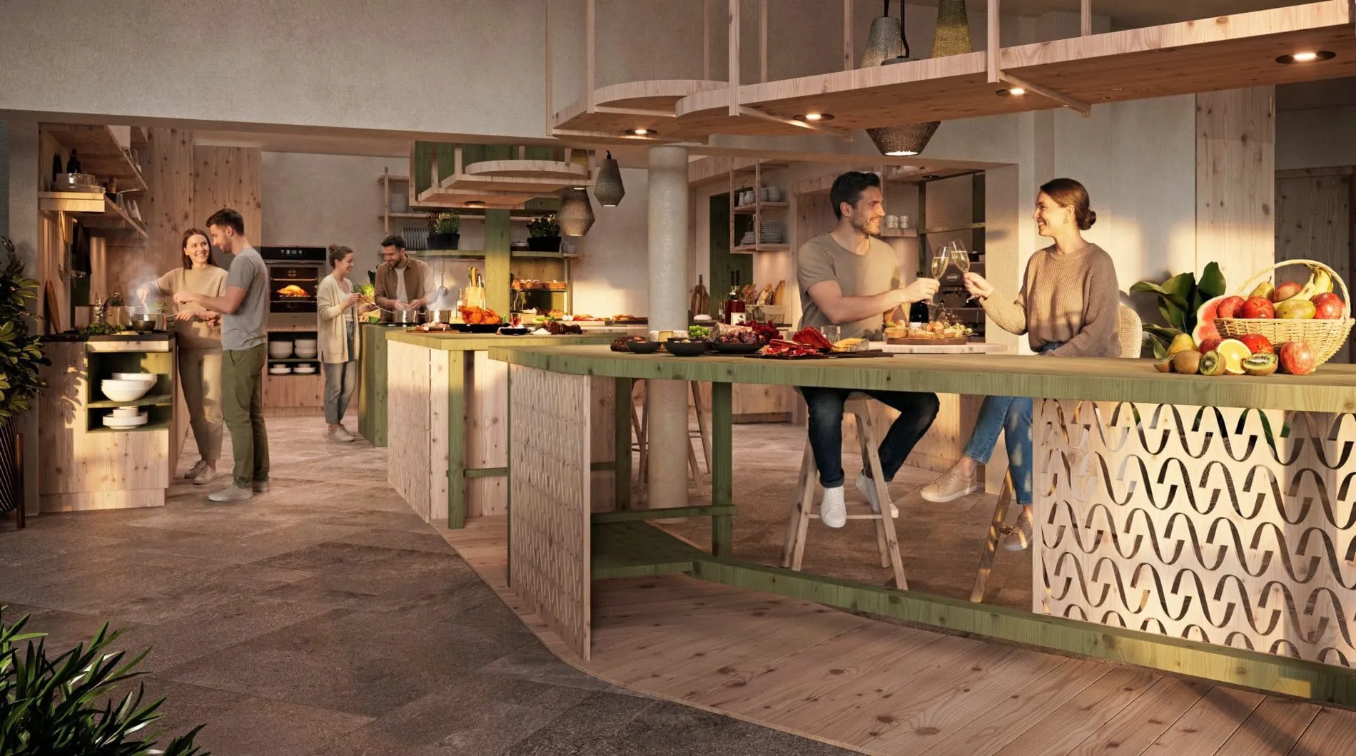 Die Community-Kitchen soll zum Treffpunkt im Hotel werden. An mehreren Kochstellen kann gekocht und geteilt werden.