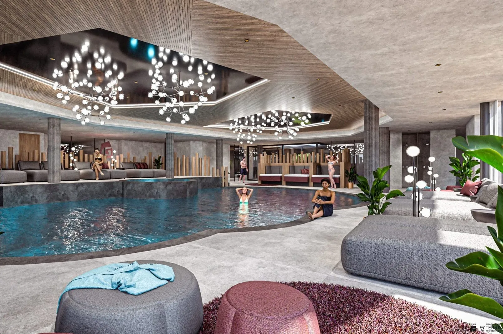 Der erweiterte Wellnessbereich des Gassenhofs setzt mit organisch geformtem Pool, dekorativen Lichtinstallationen und großzügigen Ruhezonen auf eine entspannte Atmosphäre für erwachsene Gäste.