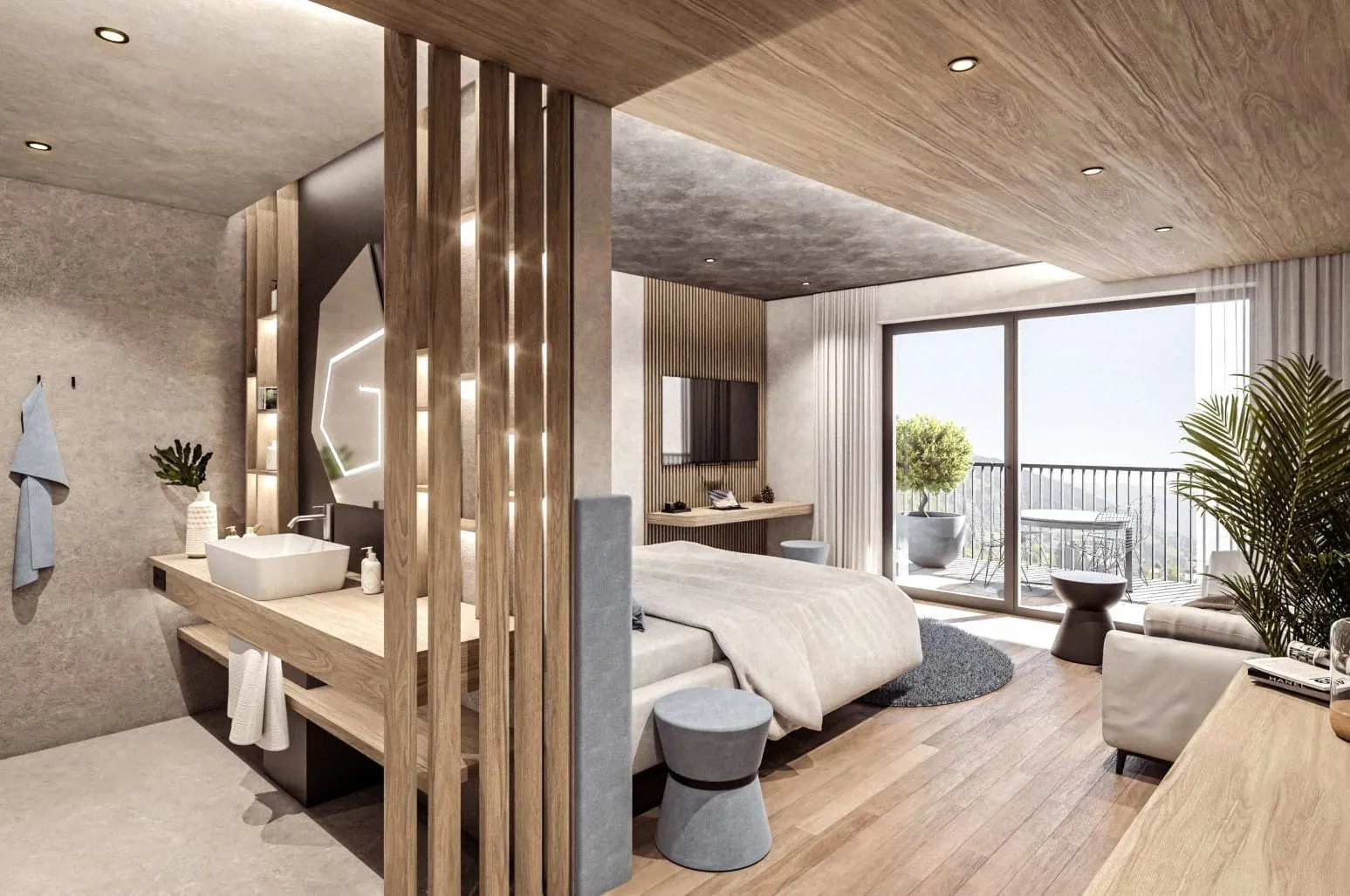 Die neuen Suiten verbinden natürliche Materialien wie Holz mit klaren Formen und raumhohen Fensterfronten, die den Blick auf die Stubaier Alpen freigeben.