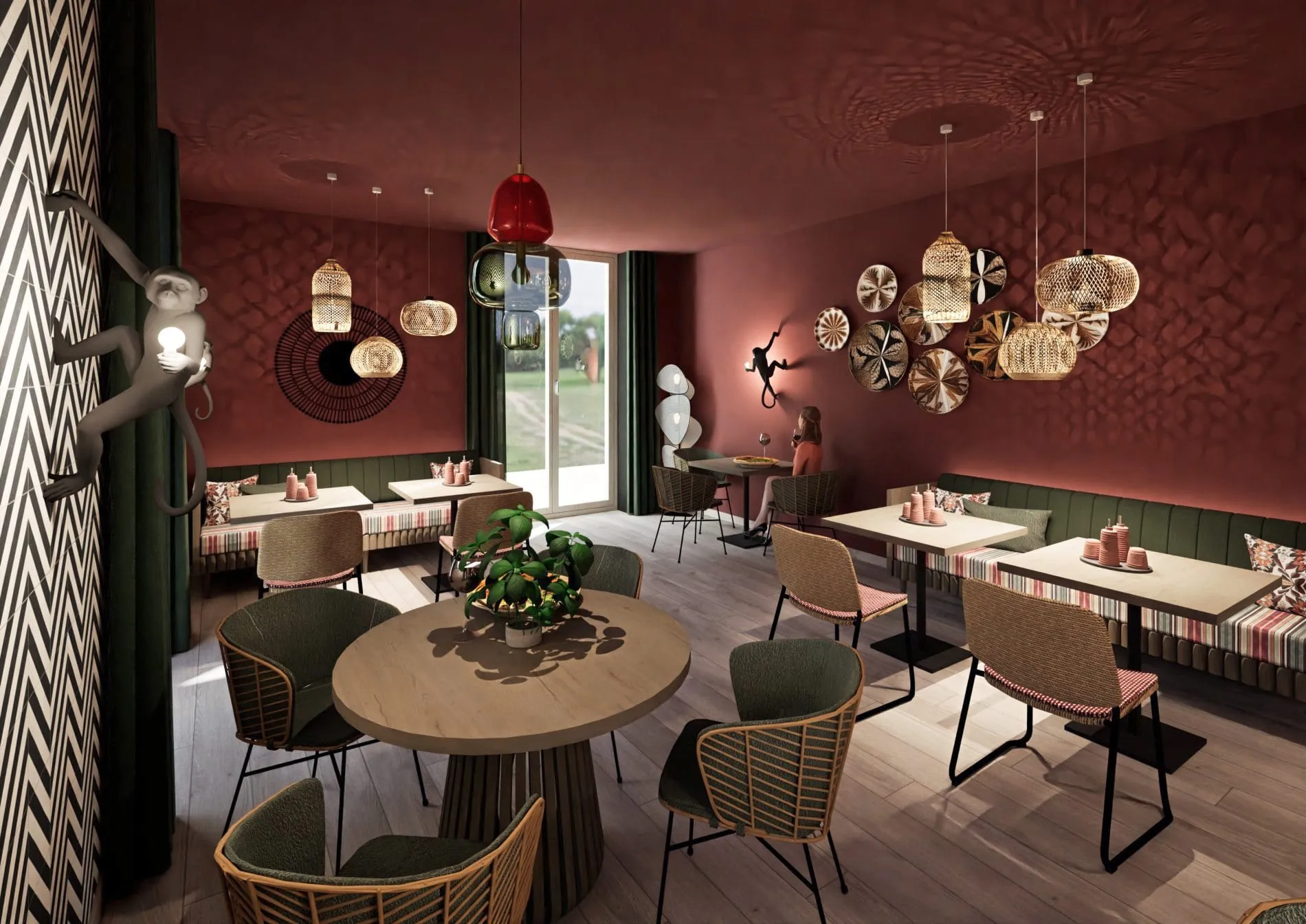 Verspielte Leuchten, gewebte Wandobjekte und tiefrote Wandtexturen verleihen der Pizzeria einen eigenständigen Charakter innerhalb des Resorts.