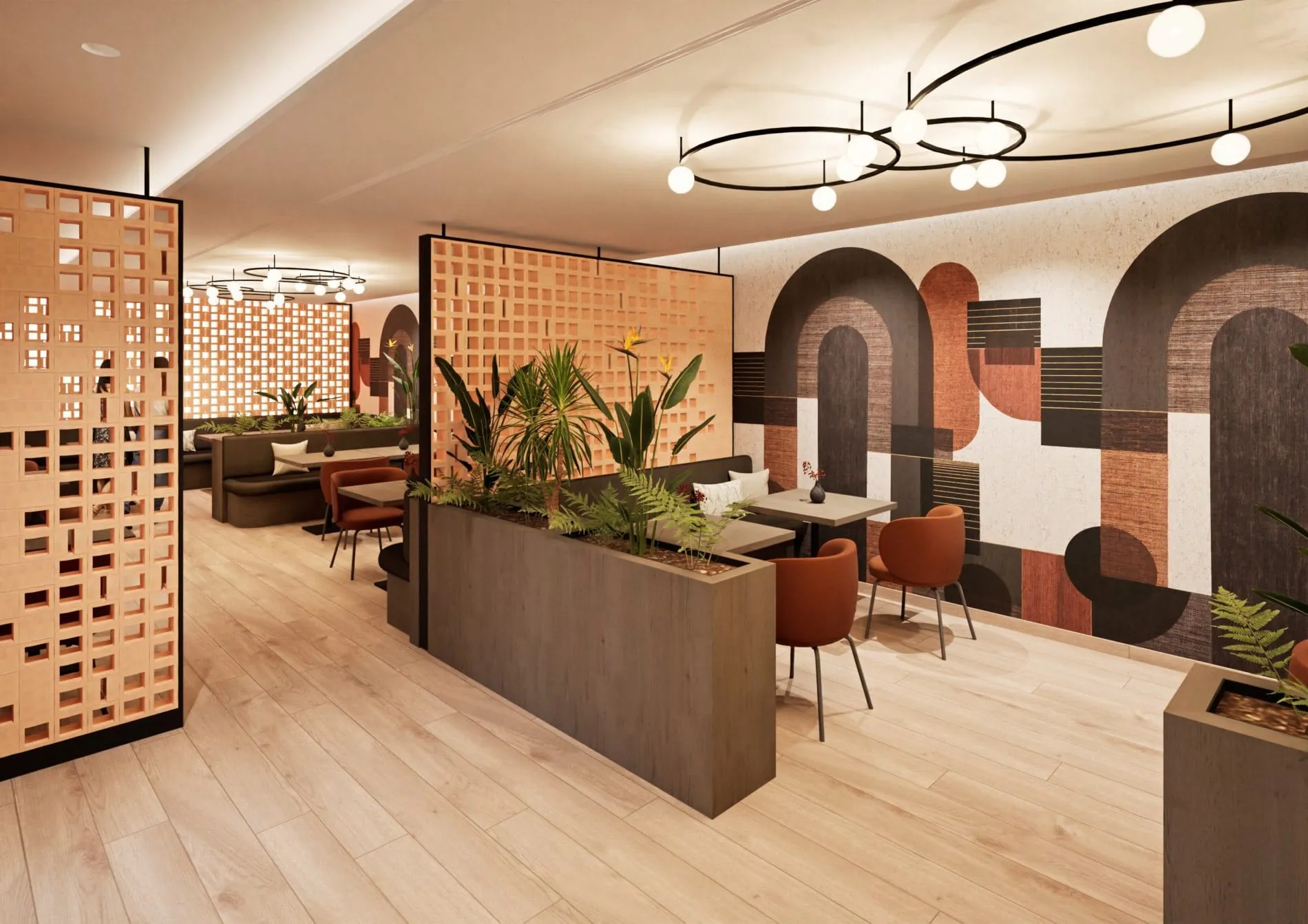 Der Private-Dining-Bereich vereint filigrane Holzparavents, üppige Bepflanzung und grafische Wandmotive.