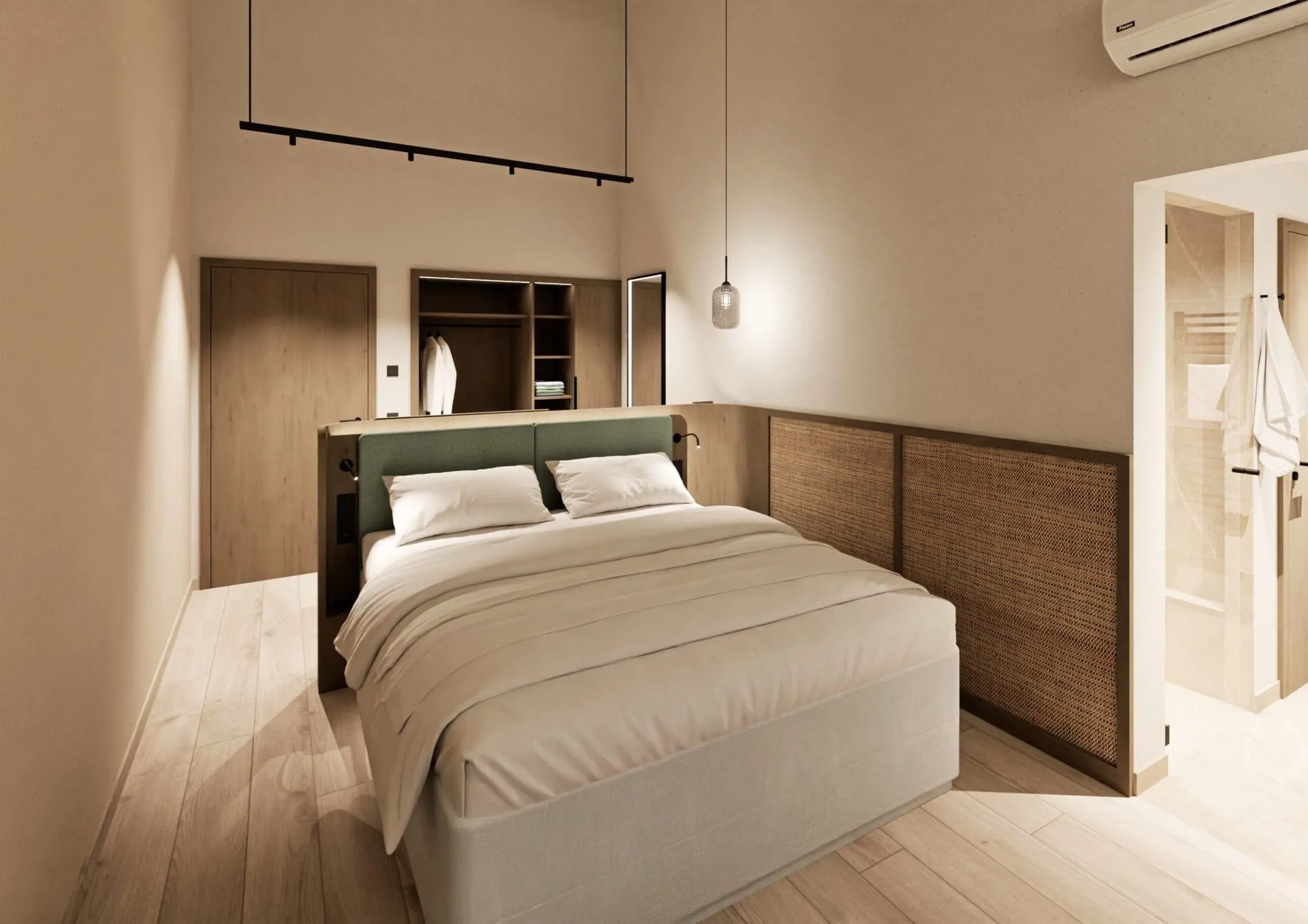 Die Superior-Zimmer setzen auf eine reduzierte, warme Materialwelt aus Holz, Rattan und sandfarbenen Wänden.