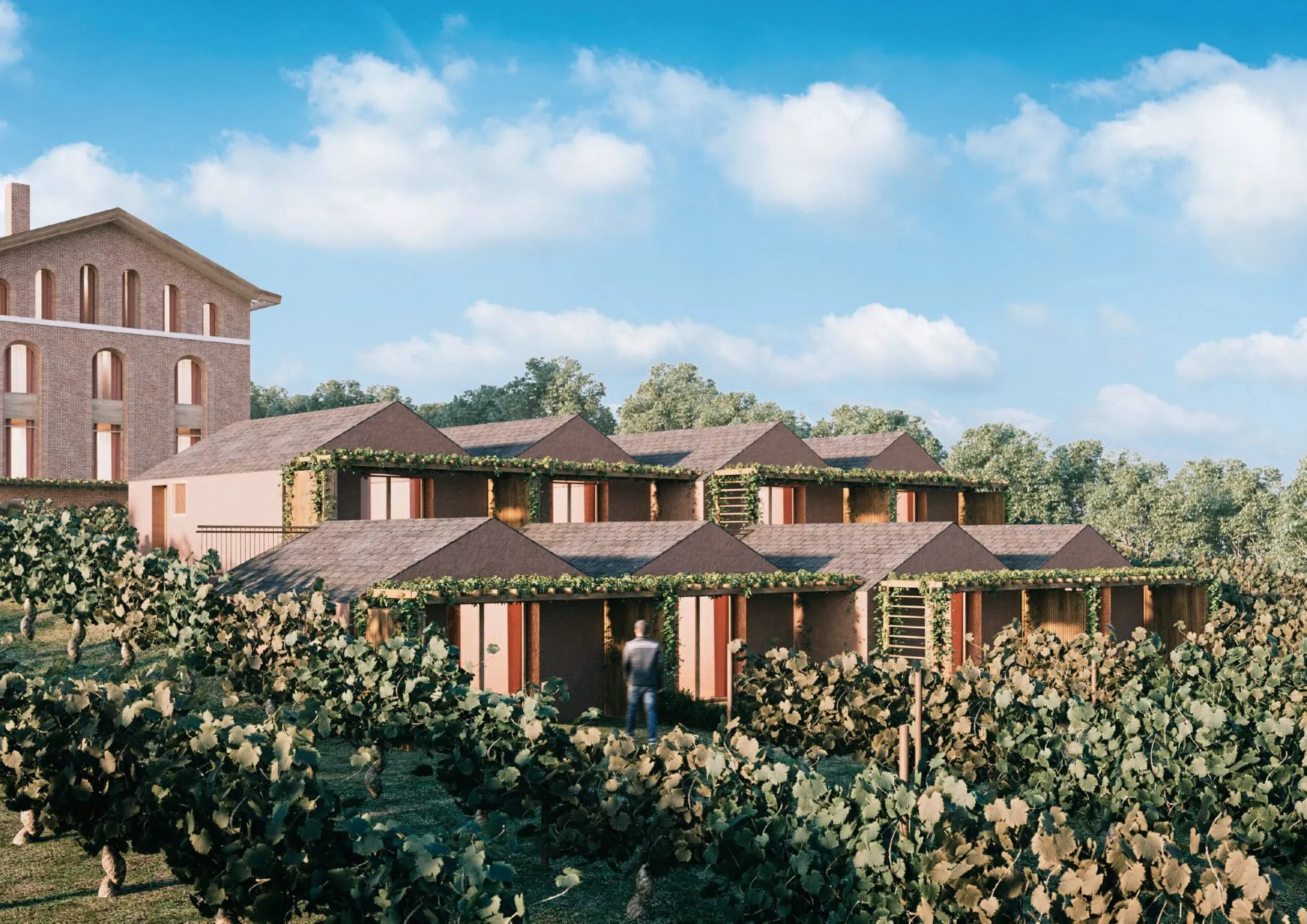 Die 20 eigenständigen Winzerhäuser orientieren sich architektonisch an den traditionellen Wingertshäuschen der Region.