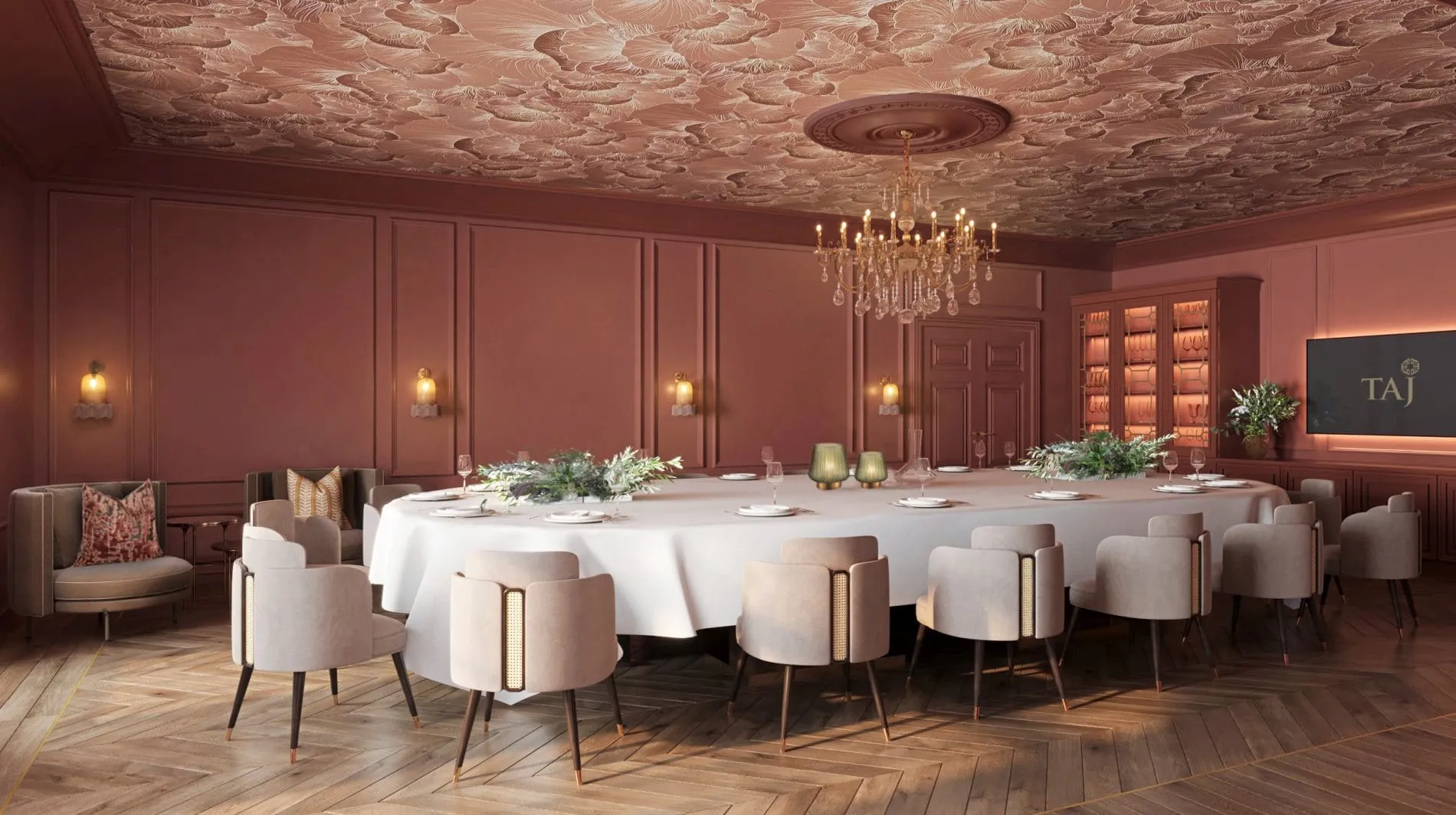 Der Red Room im Taj Hessischer Hof Frankfurt zählt zu den zwei Private-Dining-Salons des Hauses und bietet exklusiven Raum für private Empfänge oder Business-Events mit bis zu 70 Personen.