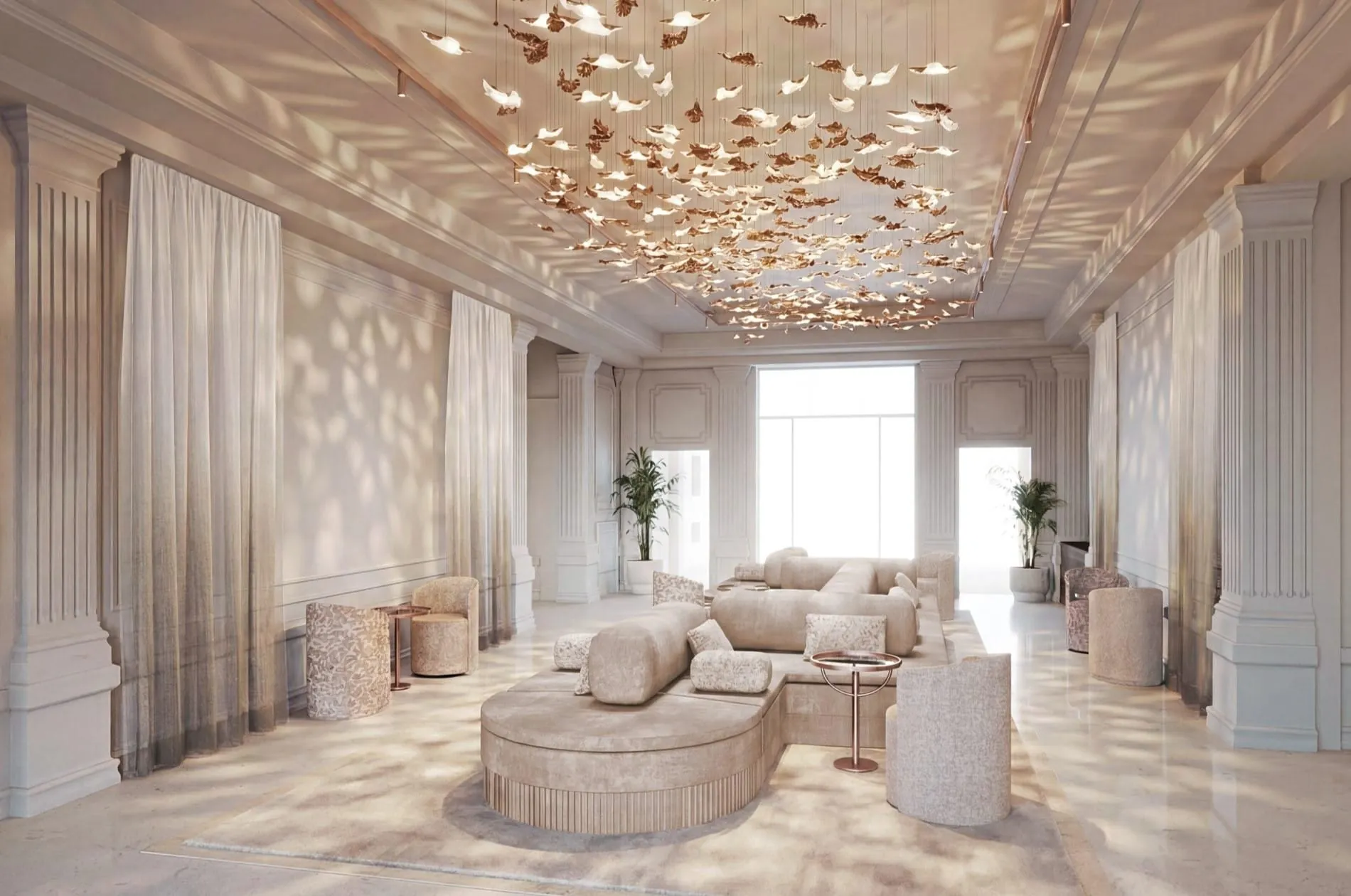 Das Foyer mit Sitzlandschaft in der Mitte soll das Herzstück des Hotels werden. Früher saßen in dem Raum Konsulatsmitarbeiter an Schaltern.