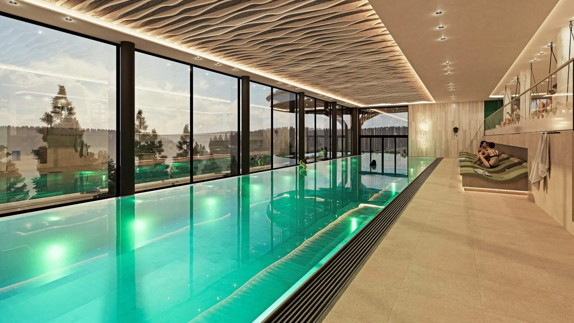 Der 20 Meter lange Pool im Hotel Kronelamm sorgt entlang der Fensterfront für Weitblick.