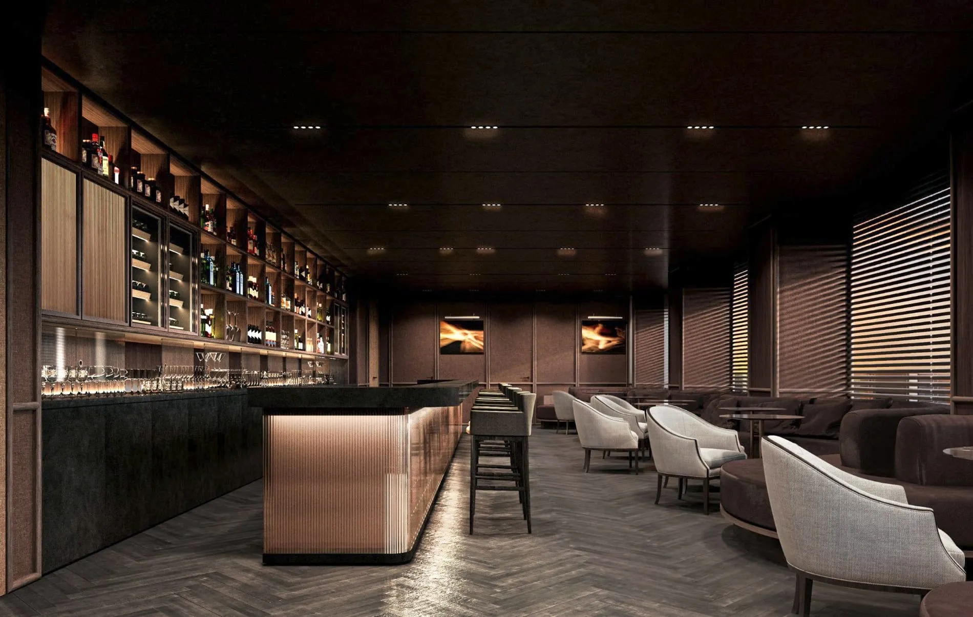 Die "Oneseven Bar" im 17. Stock verbindet ein markantes, dunkles Design mit einer warmen Lichtstimmung.