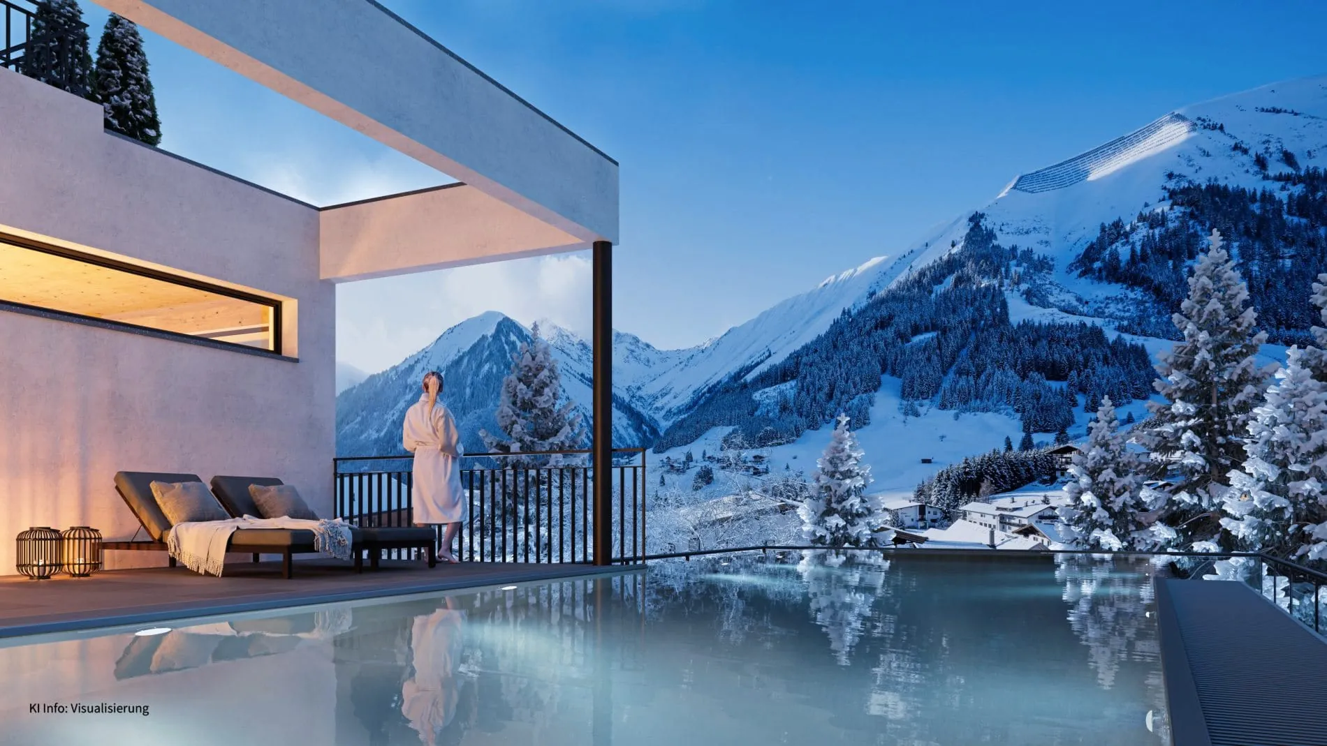 Der neue Wellnessbereich bietet Gästen künftig einen beheizten Außenpool mit direktem Blick auf die schneebedeckten Gipfel der Tiroler Zugspitz Arena.