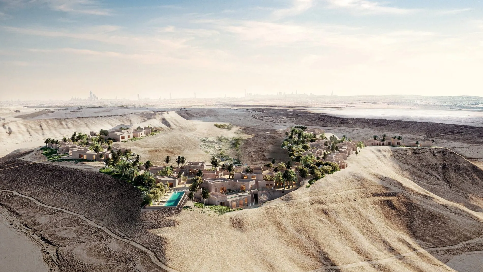 Inmitten der Wüstenlandschaft Saudi-Arabiens entsteht ein 20 Hektar großes Resort im traditionellen Najdi-Baustil mit üppigen Oasengärten.