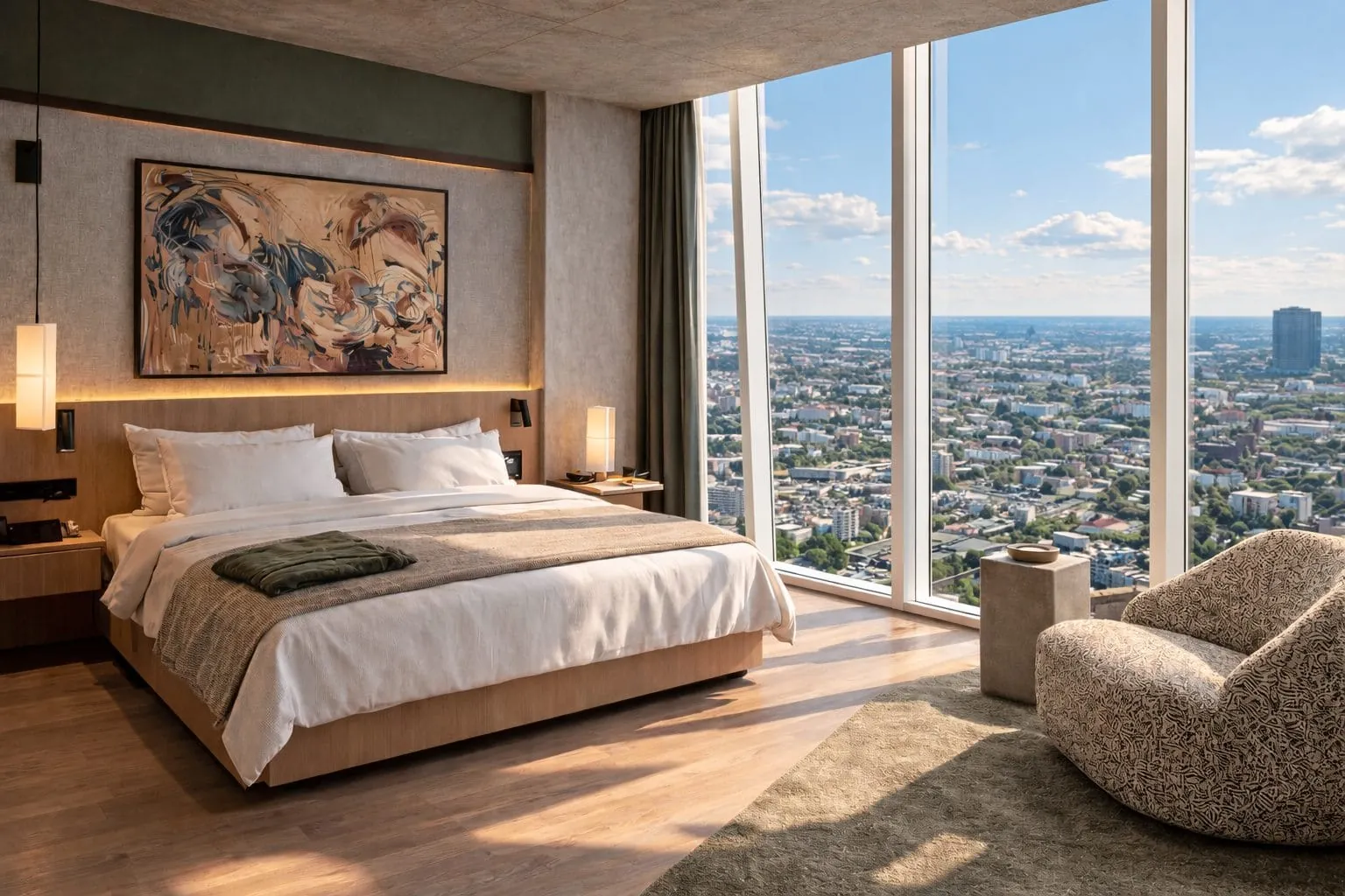 Die Zimmer und Suiten des Estrel Tower verbinden modernes Design mit einem weiten Blick über Berlin.